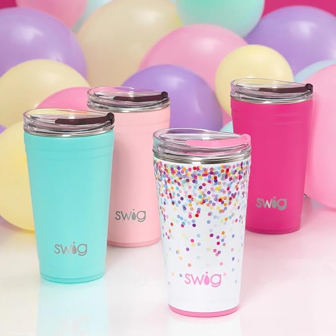 Swig Life 24oz Party Cup, Stackable Insulated Travel Coffee Tumbler with EZ Slider Lid, Cup Holder Friendly, Stainless Steel 24 oz Tumbler, Reusable Coffee Mug (Confetti)