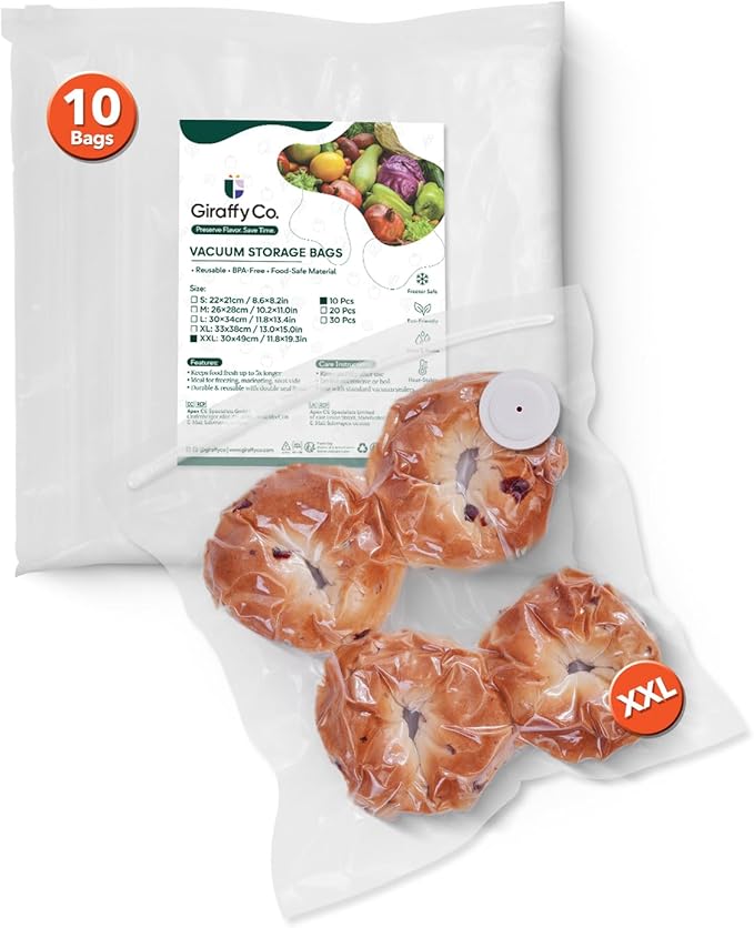 Reusable Vacuum Sealer Bags for Food, XXL 10 Pack (30 x 49 cm / 11.8 x 19.3 in) – BPA‐Free Leak‐Proof Zip Bags with Air Valve, Freezer & Sous Vide Safe, Works with Handheld Sealers