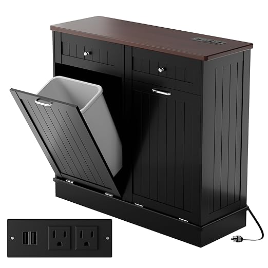 Betterhood Double Tilt Out Trash Cabinet with Power Outlet, 10 Gallon Trash Cabinet with Storage,Pet Proof Trash Can with 2 AC & USB Sockets for Kitchen,Living Room (Black, Double Door)
