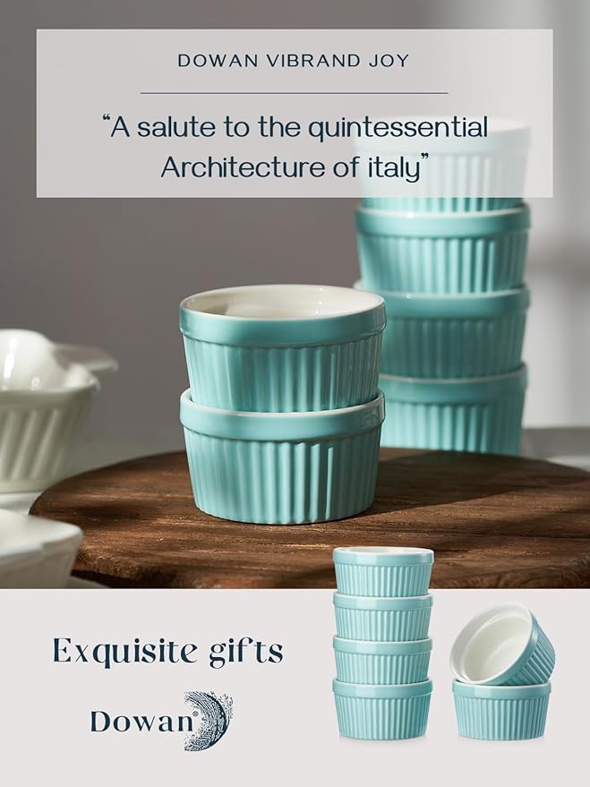 DOWAN Ramekins 6 oz Oven Safe - 6 oz Ramekins for Creme Brulee Souffle, Porcelain Ramekins for Baking, Classic Style Ramekins Bowls, Set of 6, Blue