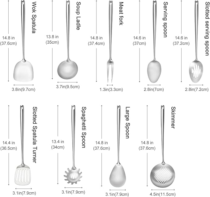 18/10 Stainless Steel Kitchen Utensils Set,9 Pcs Professional All Metal Cooking Utensils Set with Wok Spatula,Soup Ladle,Skimmer,Slotted Spatula Turner,Spaghetti Spoon,Large Spoon(Dishwasher Safe)
