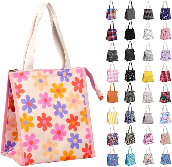 iknoe Insulated Lunch Bag for Women & Adults, 9L Foldable Wide-Open Cooler Bag with Pockets, Leakproof & Portable, for Picnic, Office, Beach(Pink flower)