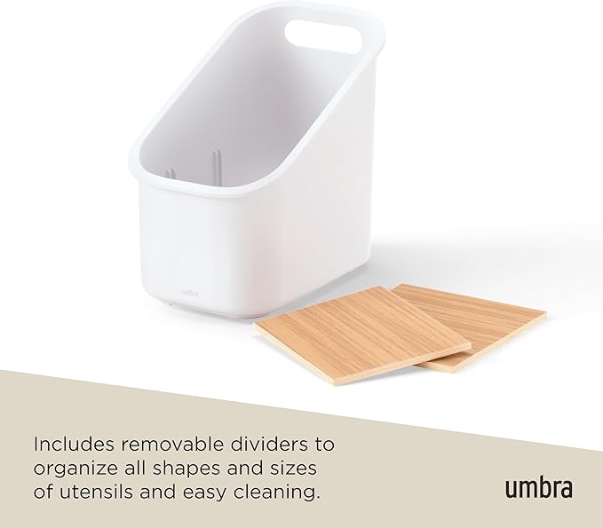 Umbra Bellwood Utensil Holder Kitchen Storage Organizer with Removeable Dividers, White/Natural