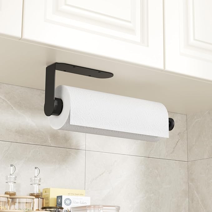 Mbillion Under Cabinet Paper Towel Holder for Kitchen, RV & Camper - Waterproof, Anti-Rust Wall Mount with No Drill Installation, 5.71” Compact Design (Black)