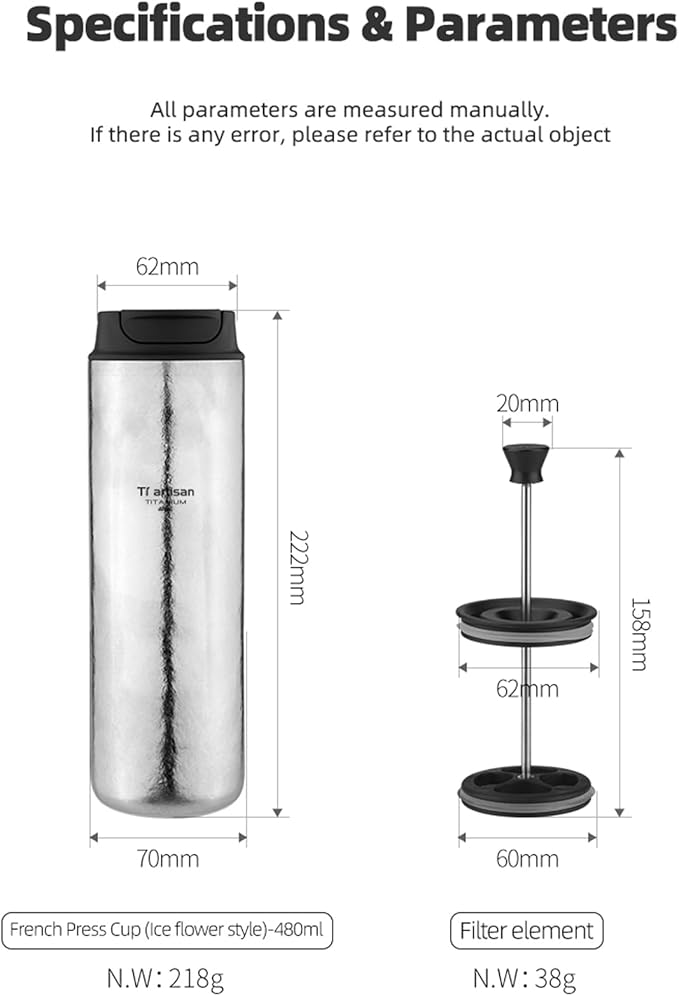 Titanium Water Bottle French Press Pot Milk Frother Coffee Cups 16.23fl oz | Double Layer Thermal Insulation | Leakproof & Packable for Travel & Sports | (Ice Flowers)