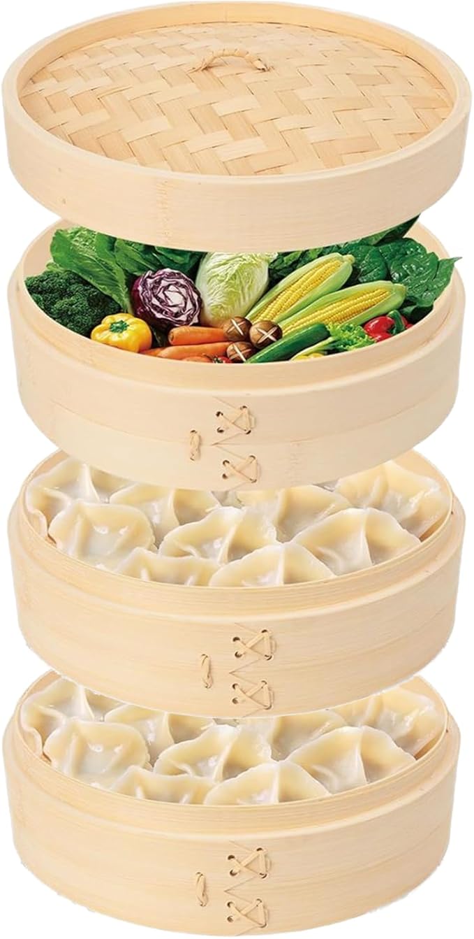 JMIATRY 3 Tier Bamboo Steamer 8 Inch Dumpling Steamer Basket With Side Handles Bamboo Steamers Basket With Lids for Steaming Cookware Asian Food, Bao Buns, Chinese Dim Sum, Dumpling