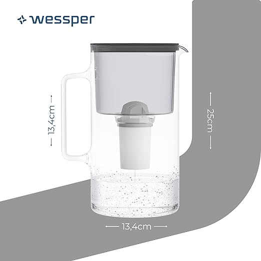 Wessper Water Filter Jug Glass 3 L Crystaline, Set Water Jug and 2 Filters Aqua Classic, Water Carafe for Drinking Water Compatible with Brita Classic, Dafi - Black