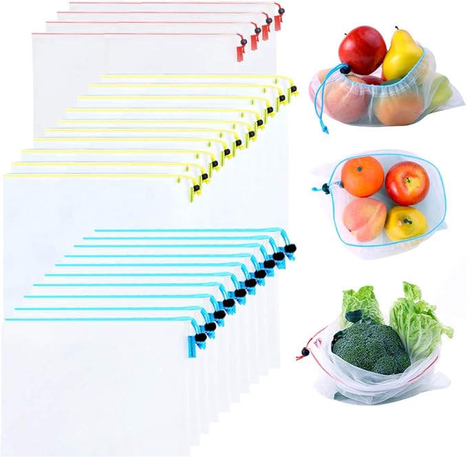 24 pack Reusable Produce Bags,Reusable produce bags for grocery,mesh bags See-Through and Washable Grogery Bags with 3 Sizes useful for storage fruits,vegetables,toys