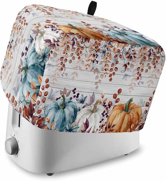Orange Blue Pumpkins Fall Toaster Cover 2 Slice, Thanksgiving Eucalyptus Dustproof Bakeware Oven Protector with Top Hook, Gray Wooden Waterproof Small Kitchen Appliance Toasters Dust Cover, 11"x6"x8"