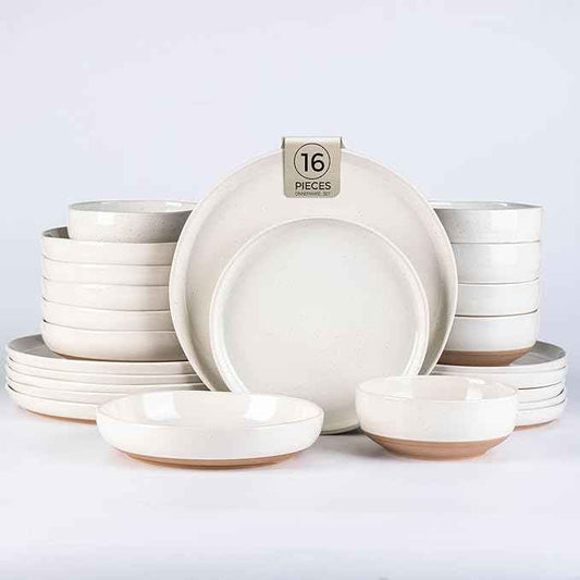 AmorArc Ceramic Dinnerware Sets with Pasta Bowls for 4, Handpainted Plates and Bowls Set with Rustic Terracotta Underside, Scratch Resistant Dishes Set, Dishwasher & Microwave Safe, 16 Pcs