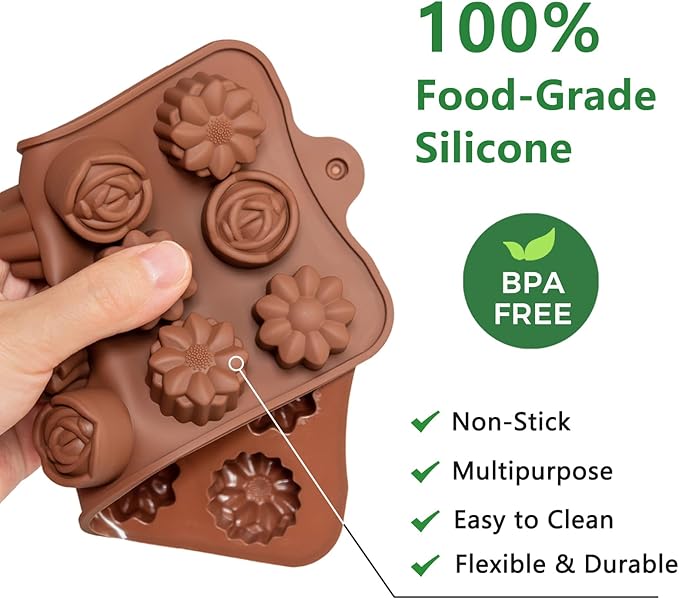 6 Pack Flower Shape Chocolate Candy Molds Silicone, Food-Grade Non-Stick Jelly & Baking Molds, Crayon Molds, BPA-Free, Including Heart, Rose, Tulip, Daisy, Sunflower, and Other Flowers (Brown)