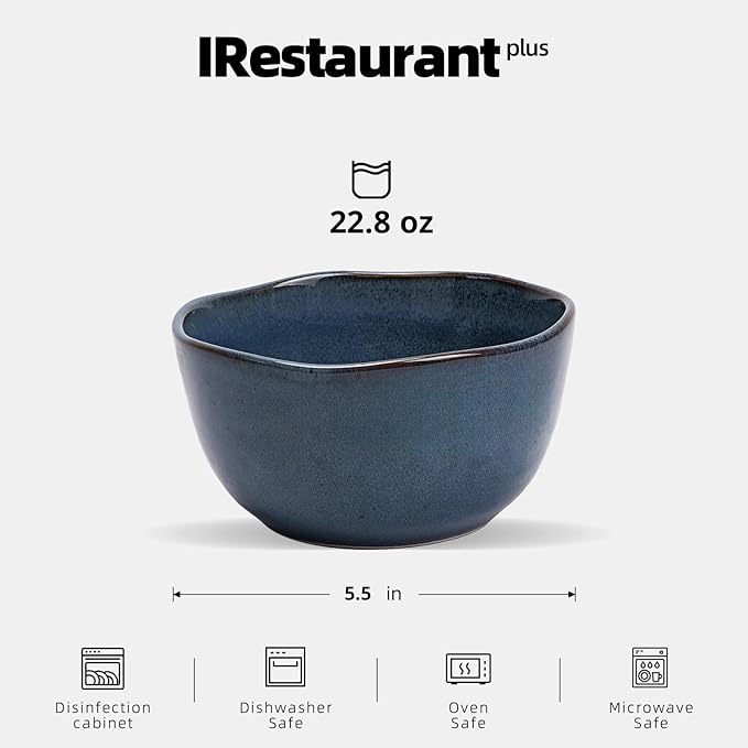 Organic Shape Restaurant Cereal Bowl 5.5", Commerical Grade Catering Stoneware Rice bowl in Ir-regular Organic Shape, Chip & Scratch Resistant, Glossy Reactive Glaze Blue, Case of 24