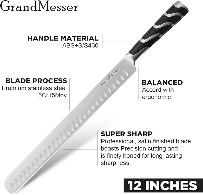 Carving Knife, 12 Inch Slicing Knife for Meat, Premium German Steel with ABS Handle, for BBQ Brisket Turkey Ham Rib Roast Beef with Sharpener.