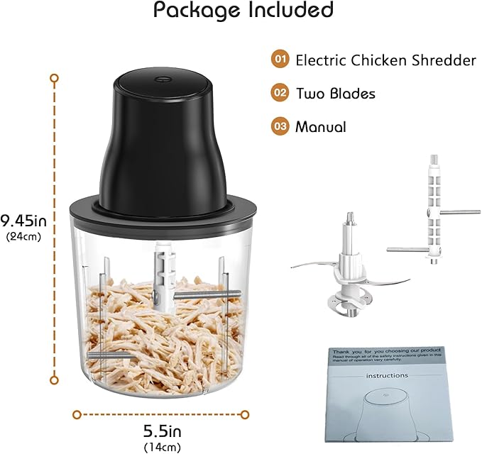 Panamalar Electric Chicken Shredder, 2 in 1 Food Processor for Meat Grinder/Chicken Breast Shredder with 2 Types Blades, 250W Automatic Food Meat Chopper with 1.5L Bowl for Meat Vegetable Fruits