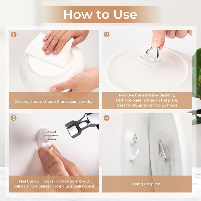 Bilillo 10 Pack Invisible Vertical Plate Hangers, 2.3 Inch Adhesive Plastic Hooks for Hanging Decorative Plates, Wall Art, and Small Artwork
