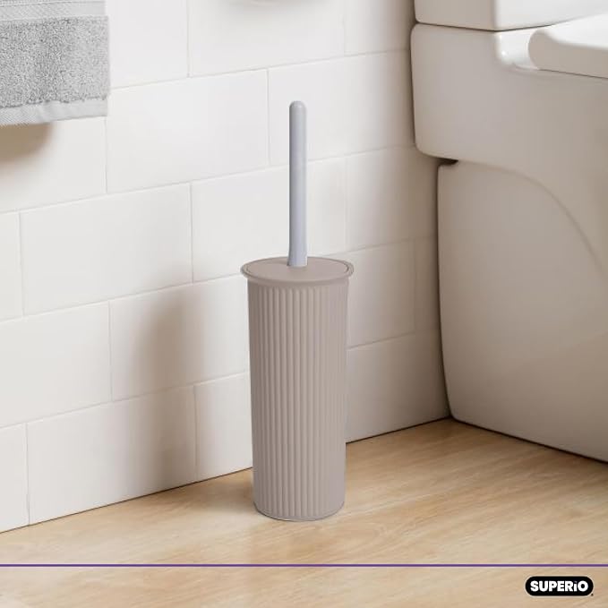 Decorative Plastic Toilet Bowl Brush and Holder Set, Taupe (2 Pack) Cleaner Scrubber for Bathroom - Ribbed Design