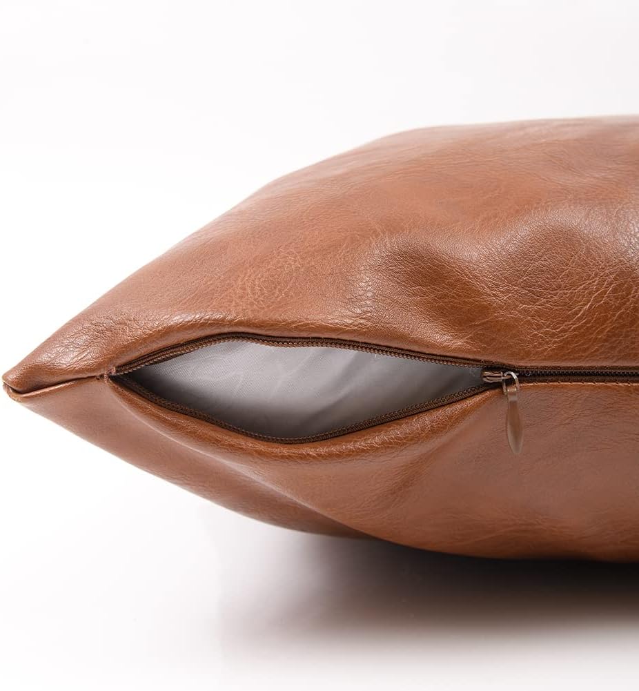Fancy Homi Hand Stitched Brown Faux Leather Decorative Throw Pillow Covers 18x18 Inch for Living Room Couch Bed Sofa, Accent Square Cushion Case 45x45 cm, Rustic Modern Farmhouse Boho Home Decor