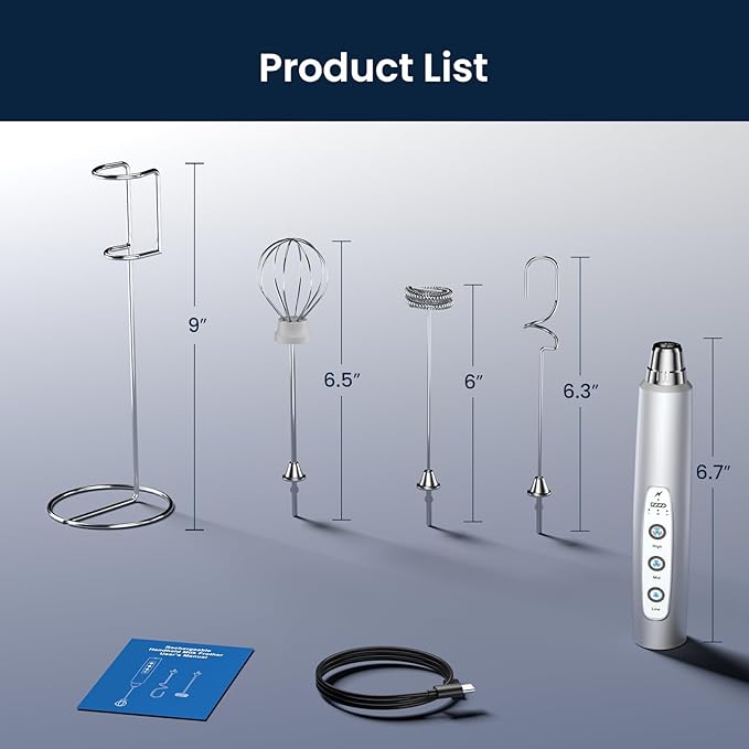 Sakgos Milk Frother with Stand Rechargeable-Handheld Frother Wand with 3 Stainless Whisks 3 Speed Adjustable, Electric Whisk Drink Mixer, Foam Maker Blender for Matcha Latte Cappuccino Chocolate
