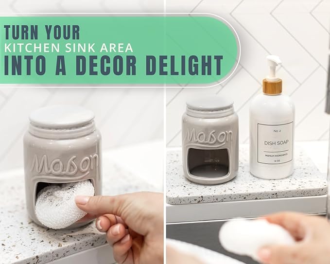 Comfify Ceramic Kitchen Sponge Holder - Farmhouse Style Sink Caddy - Mason Jar Decorative Kitchen Accessory - Country Rustic Sink Decor - Includes Free Sponge - Grey