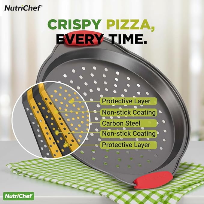 NutriChef 3-Piece Pizza Tray Set with Silicone Handles - Round Nonstick Pizza Pan with Perforated Holes, Durable Carbon Steel, Small, Medium, Large Sizes - Ideal for Crispy, Evenly Baked Pizzas (Gray)