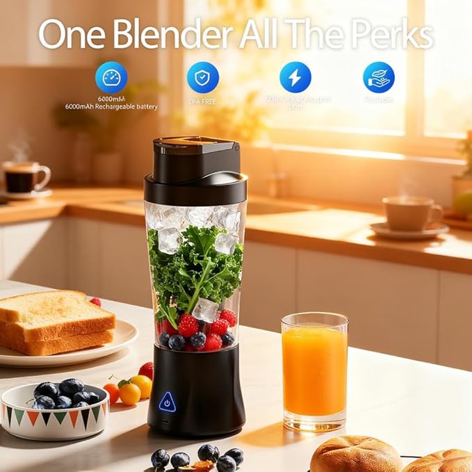 TorqueHome 3-in-1 Portable Blender Cup - 24oz Cordless Personal Blender, USB-C Rechargeable, Self-Cleaning, Leakproof Tumbler with Lid, for Making Smoothies Shakes Protein Drinks, BPA Free (black)