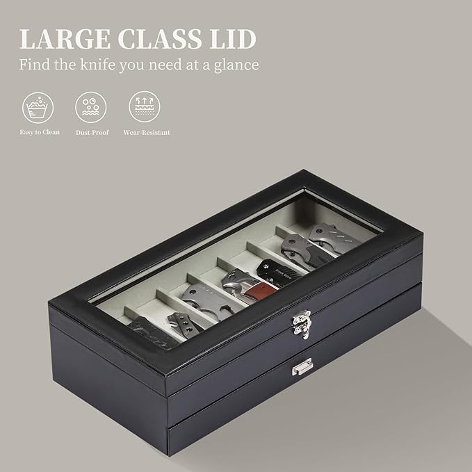 AUTOARK 2-Tier PU Leather & Velvet Knife Organizer with 17 Slots,Transparent Glass Top & Drawer,Compact Storage for Pocket Knives,Perfect for Men's Collections & Gifts,Black,MKAW015