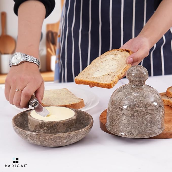 Radicaln Marble Butter Dish With Lid 6" Inches Oceanic Handmade Butter Crock For Spreadable Butter Ideal Butter Crock For Counter With Water French Butter, Crock Pot For Countertop