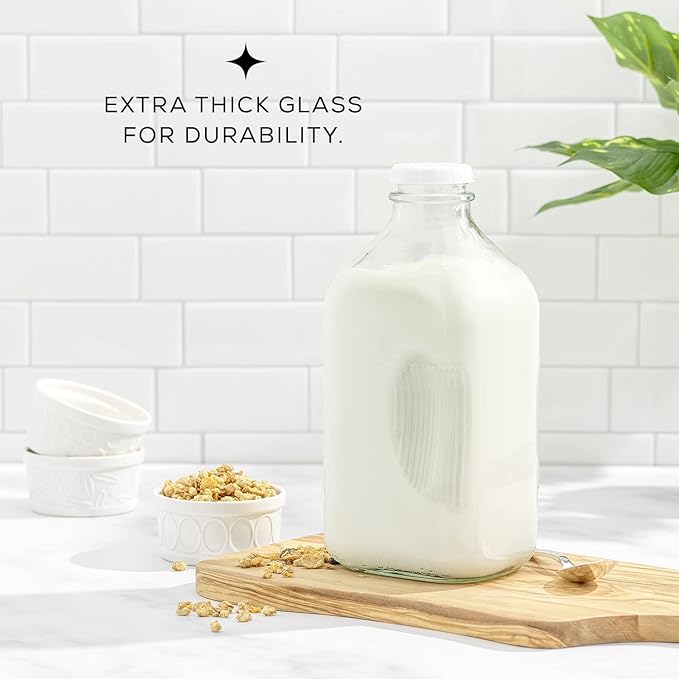 JoyJolt Glass Milk Bottles with Lids and Pourer – 64 Oz, 3 Pack Airtight Heavy Duty Reusable Glass Bottles, Leakproof, BPA-Free, Food Grade, Dishwasher Safe Jug, Pitcher for Milk, Juice, and Water