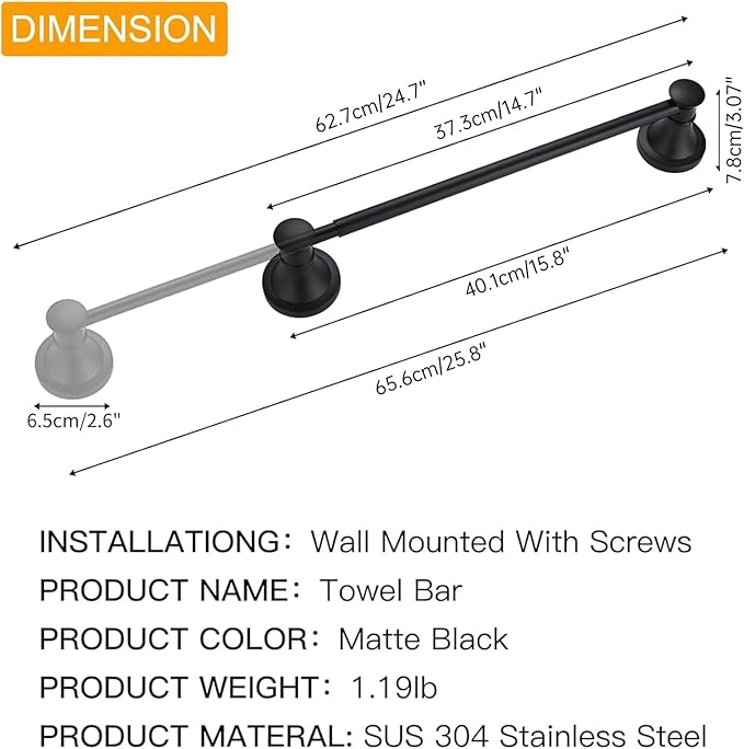 BESy Adjustable 16 to 26 Inch Bath Towel Bar Rack for Bathroom Towel Holder, Wall Mounted Towel Bar Rod Hanger Bathroom Hardware Accessories Hotel Style, Stainless Steel, Matte Black