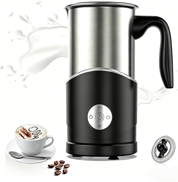 Electric Milk Frother, Stainless Steel Automatic Milk Steamer with 4 Functions, Ergonomic Handle, One-Button Operation for Hot Milk, Hot Chocolate, Hot and Cold Milk Foam
