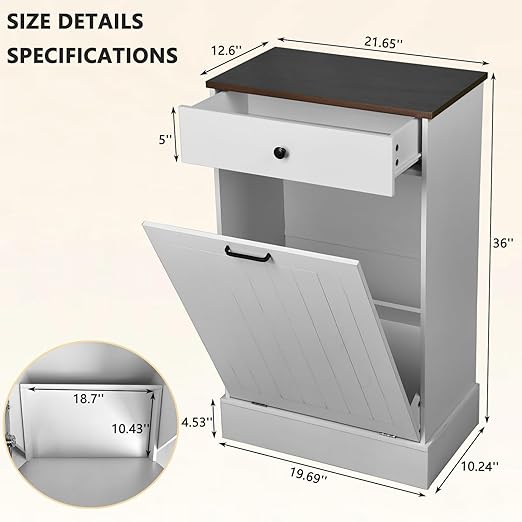 10 Gallon Tilt Out Trash Cabinet –Hidden Wooden Garbage Recycling Cabinet,Pet Proof Trash Can Holder with Storage for Kitchen Bathroom Living Room White