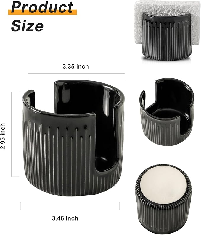 Ceramic Sponge Holder for Kitchen Sink, Scrub Sponge Dish Rack, Farmhouse Compact Sink Caddy Organizer, Black