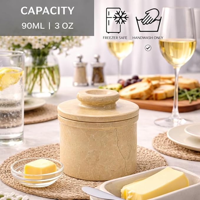 Verona Marble Butter Keeper - 4" French Butter Crock with Lid - Freezer Safe Stone Butter Dish - 90ml/3oz Capacity - Handwash Kitchen Storage