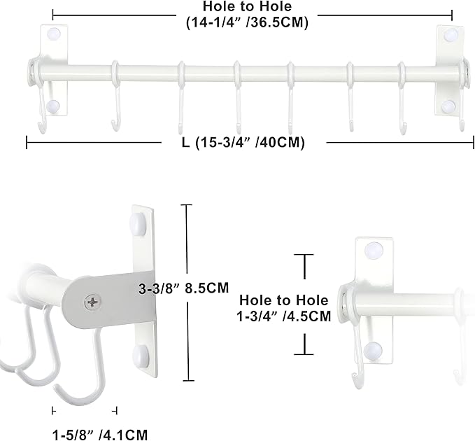 Dseap Kitchen Hooks for Hanging Utensils, Hanging Pot Rack, Kitchen Utensil Hanger Rail with 8 Hooks for Pots Pans, Spoons, Mugs, Wall Mounted, Stainless Steel, White, Pack of 2