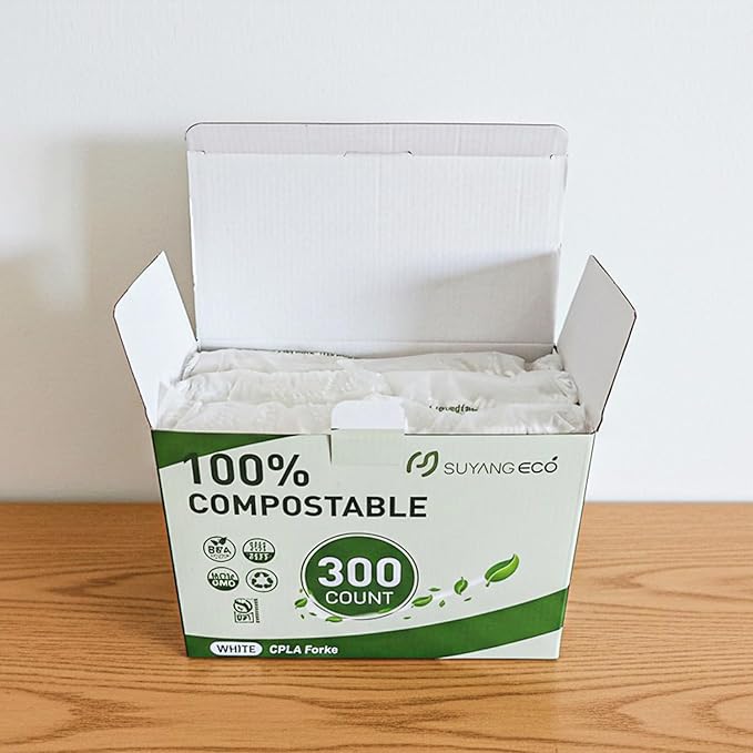 300 Count Compostable Forks Bulk No Plastic Forks Heavy Duty Biodegradable Forks Eco Friendly Cutlery for Lounge Party Wedding Picnic Camping
