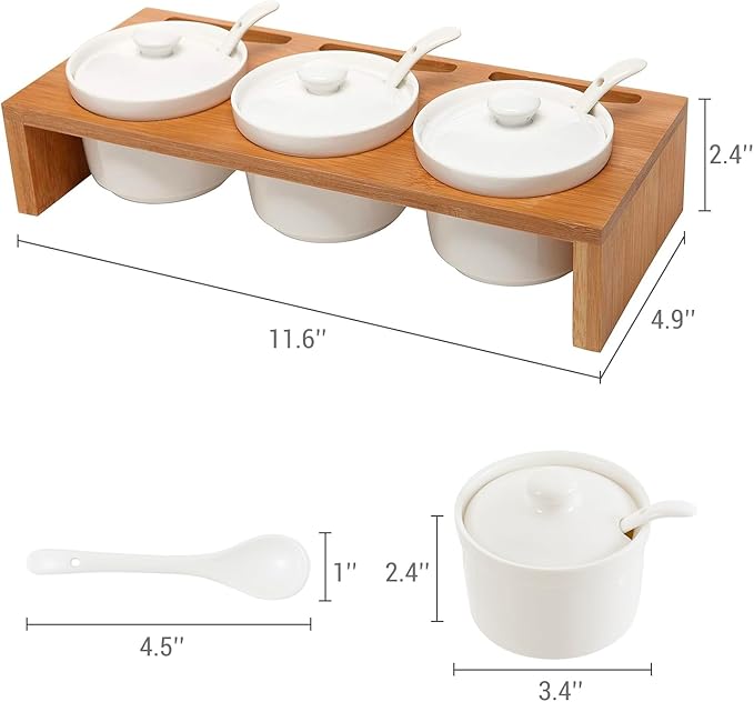 MyGift 10 Pcs Sauce Serving Dish, Hosting Party Essentials Host Gift, 3 Ceramic Ramekin Chip Dip Bowls with Lids & Spoons, Premium Bamboo Server Tray, Condiment Pot Entertaining