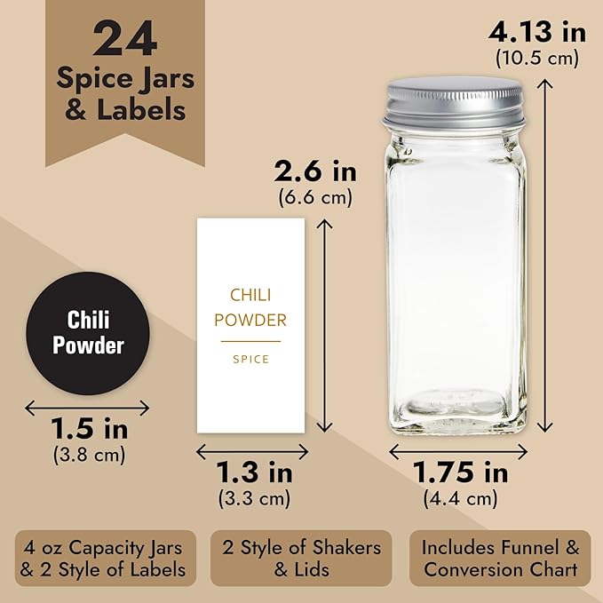 Talented Kitchen 24-Pack Glass Spice Jars - 4 Oz Square Bottles & Gold Metal Caps - Refillable Shaker & Pour Lids, 284 Preprinted Stickers - Seasoning Organizer for White & Gold Kitchen Organization