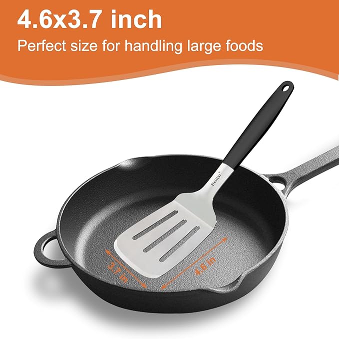 Beijiyi Stainless Steel Spatulas Set, Solid and Slotted Metal Turner Spatula for Cooking Cast Iron Skillet, Kitchen and Griddle Spatula with Full Tang Silicone Handle for Smash Burger, Pancake, Egg