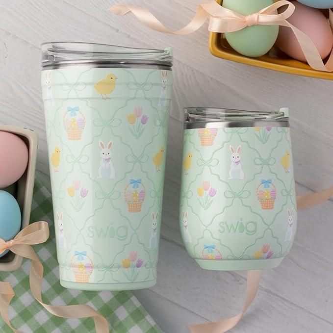 Swig Life 24oz Party Cup, Stackable Insulated Travel Coffee Tumbler with EZ Slider Lid, Cup Holder Friendly Travel, Stainless Steel 24 oz Tumbler, Reusable Mug (Hoppy Easter)