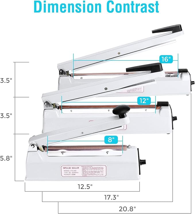 METRONIC Impulse Sealer 8 inch, Manual Heat Sealer Machine for Plastic Bags, Shrink Wrap Bag Sealers Heavy Duty Sealing Machine With Repair Kit (White)