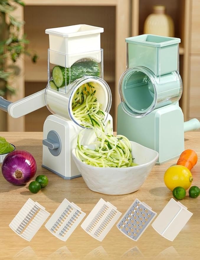 Rotary Cheese Grater with Hand Crank, Multi-Purpose Shredder Slicer with 5 Interchangeable Stainless Steel Blades for Shredding, Slicing, and Grating Cheese, Vegetables, and Fruit (Green)