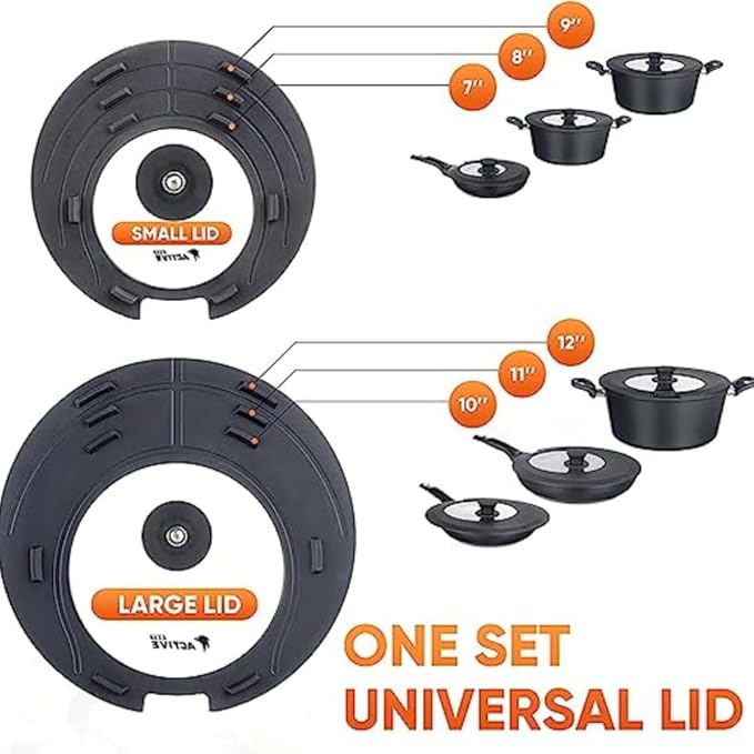 2-Pack Universal Silicone Lids for Pots and Pans - Replacement Pan Covers Fit 7-12 Inch Frying Pans and Pots, Black & Black