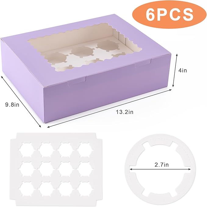 Hoewina 6PCS Cupcake Boxes - Hold 12 Count Cupcake Containers with Window, Food Grade Cupcake Holder Easy Transport and Presentation - Ideal for Cupcakes, Desserts, and More (Light Purple)