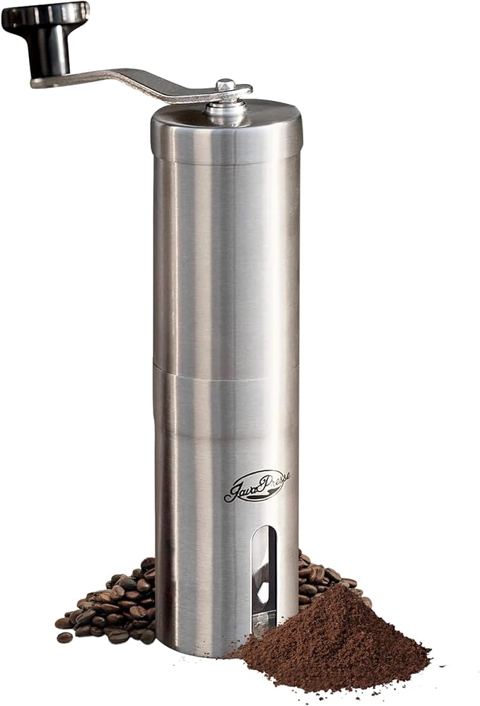 JavaPresse Manual Stainless Steel Coffee Grinder - 18 Adjustable Settings, Portable Conical Burr Grinder for Camping, Travel, Espresso - With Hand Crank