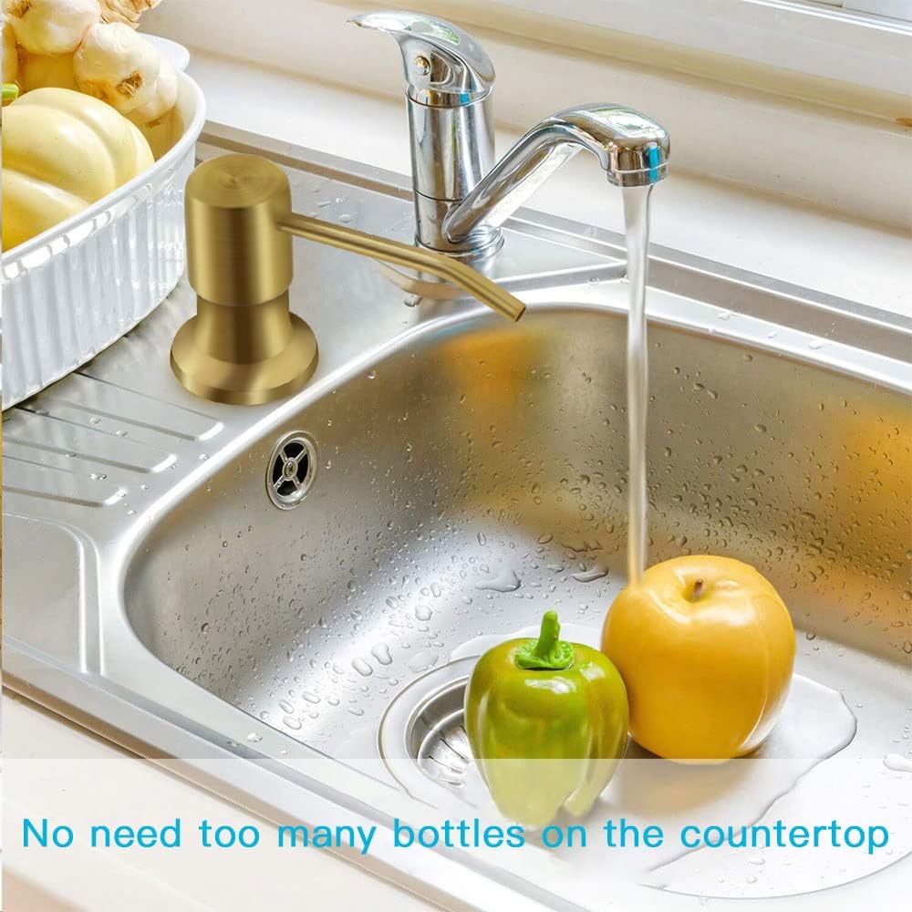 Dish Soap Dispenser for Kitchen Sink, Countertop Sink Soap Dispenser Water Pump with 47” No-Spill Extension Tube Kit Design for Kitchen Bathroom, Easy to Press, No More Refills （Golden）