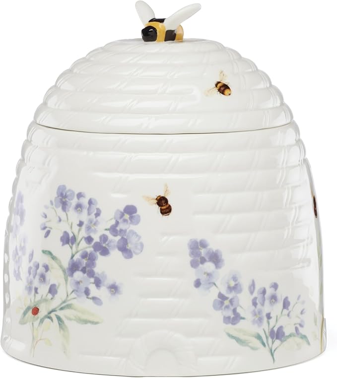 Lenox Home And Kitchen, Butterfly Meadow Beehive Candy Jar, Porcelain Material, Candy Bowl, Dishwasher Safe, Kitchen And Dining, Butterfly And Flowers, Pantry Storage, Table Decor (White, 1 Piece)