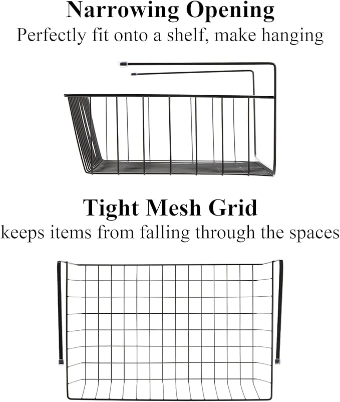Tebery 4 Pack Black Under Shelf Wire Basket, Hanging Storage Baskets Under Cabinet Add-on Storage Racks, Slide-in Baskets Organizer for Kitchen Pantry Desk Bookshelf