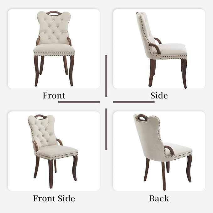 Beige Velvet Dining Chairs Set of 2，Modern Upholstered Dining Room Chairs with Tufted Back and Wood Handles, Curved Solid Wood Legs, Sillas de Comedor