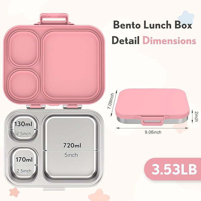 Howeemo Stainless Steel Bento Box Kids, Leak Proof Metal Bento Lunch Box,3 Compartments 304 Stainless Steel Bento Lunch Containers for School and Office, BPA-Free(Pink)
