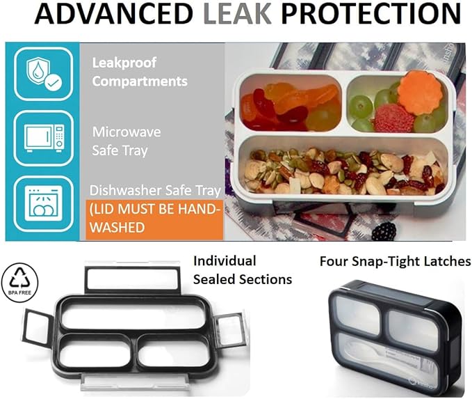 Small Snack Containers for Kids Teens - 3 Compartments (Set of 2) - Leak-Proof Boxes with Lids -BPA-Free Plastic Mini Bento Lunch Box - Ideal for School, Boys & Girls, Holds 2 Cups (Black + Gray)